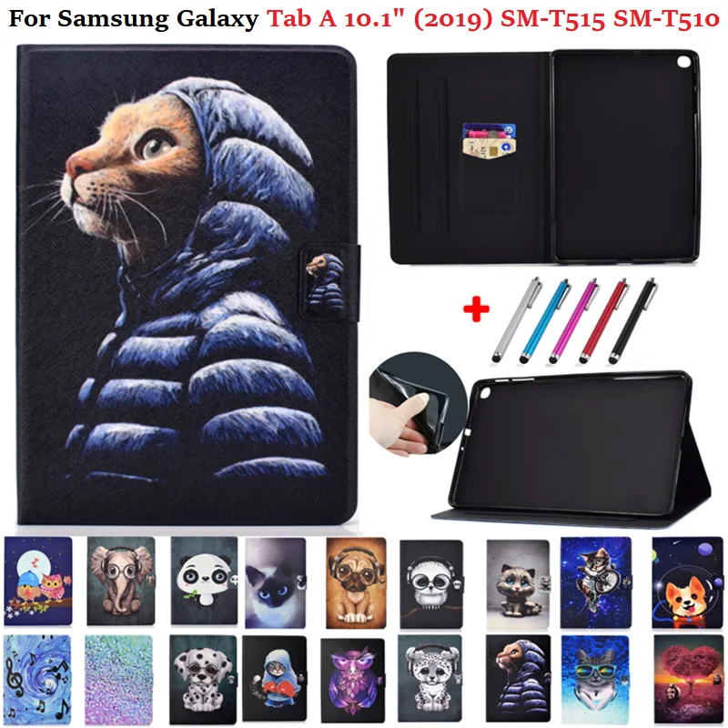 

For Tab A 10.1 Funda Case For Samsung Galaxy Tab A 10 1 Cover 2019 T510 T515 SM-T510 SM-T515 Coque Animal Pattern Shell + Pen