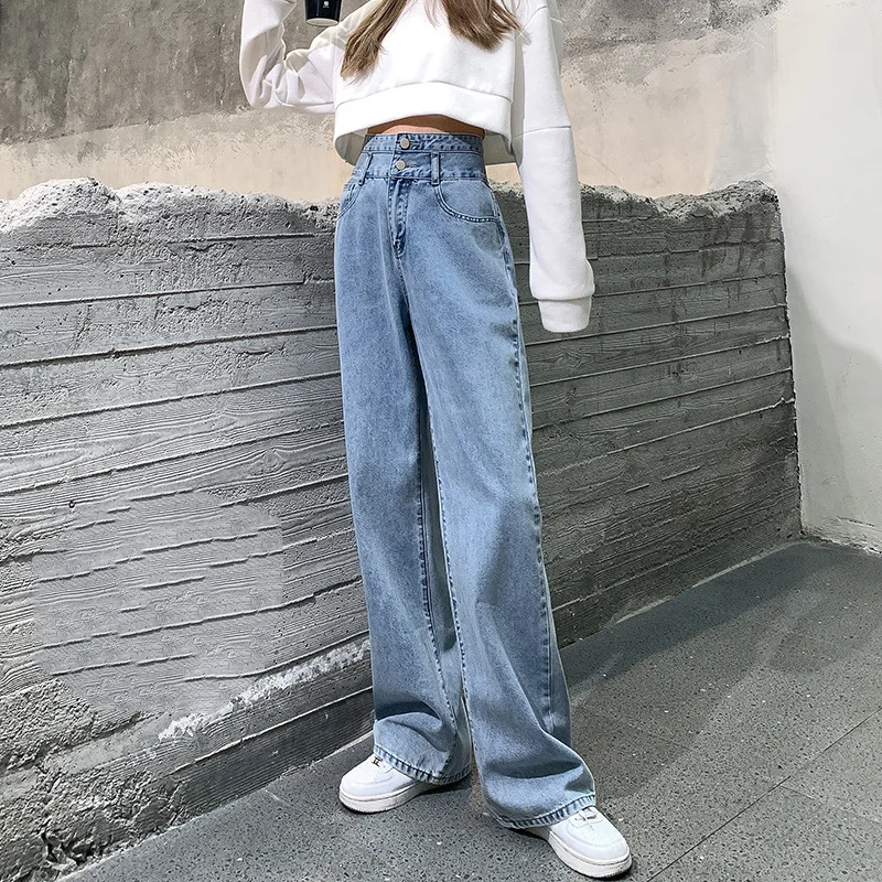 

High Waist Two Buttons Wide Leg Jeans For Women Spring Summer Casual Loose Straight Denim Pants Lady Long Wide Leg Jeans