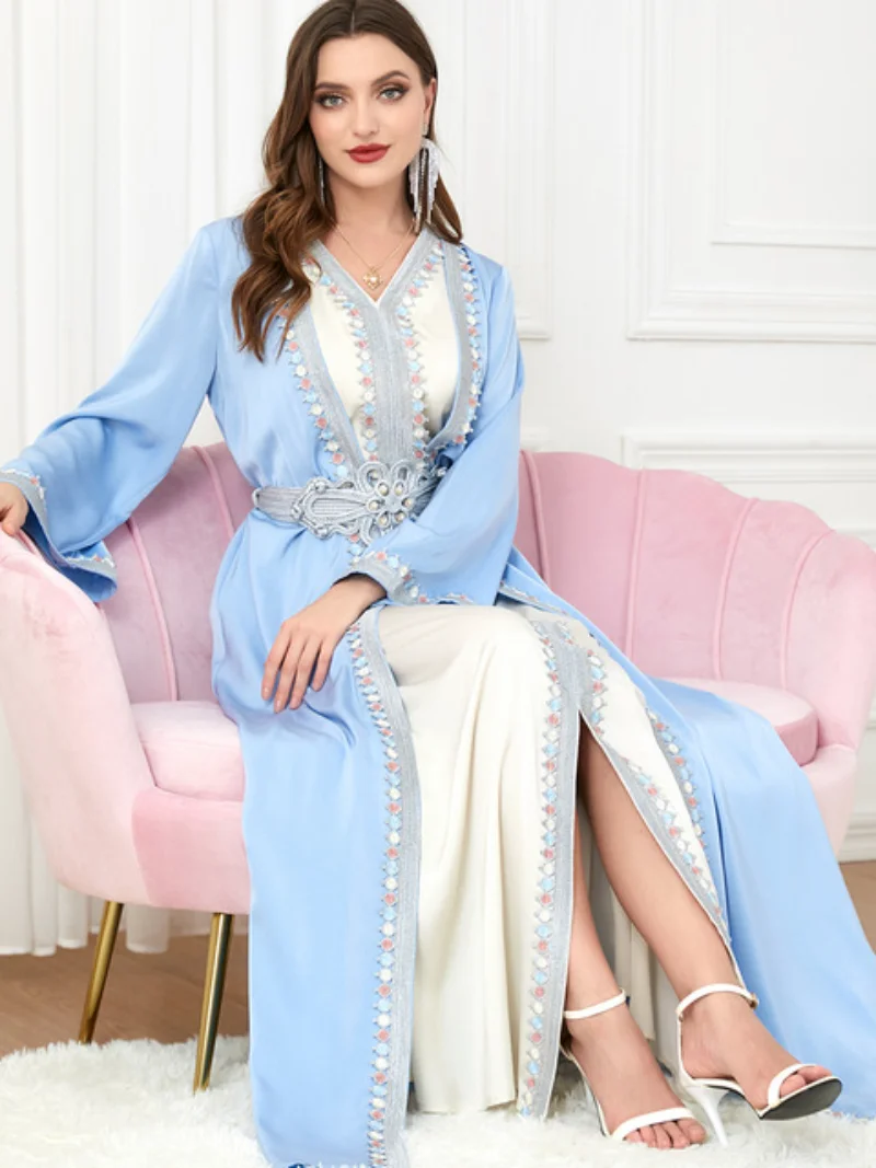 Ramadan Turkey Muslim Abaya Dress Women Morocco Kaftan 2 Piece Set Party Dresses Dubai Abayas Belted Maxi Vestdios 2023 Robe Eid