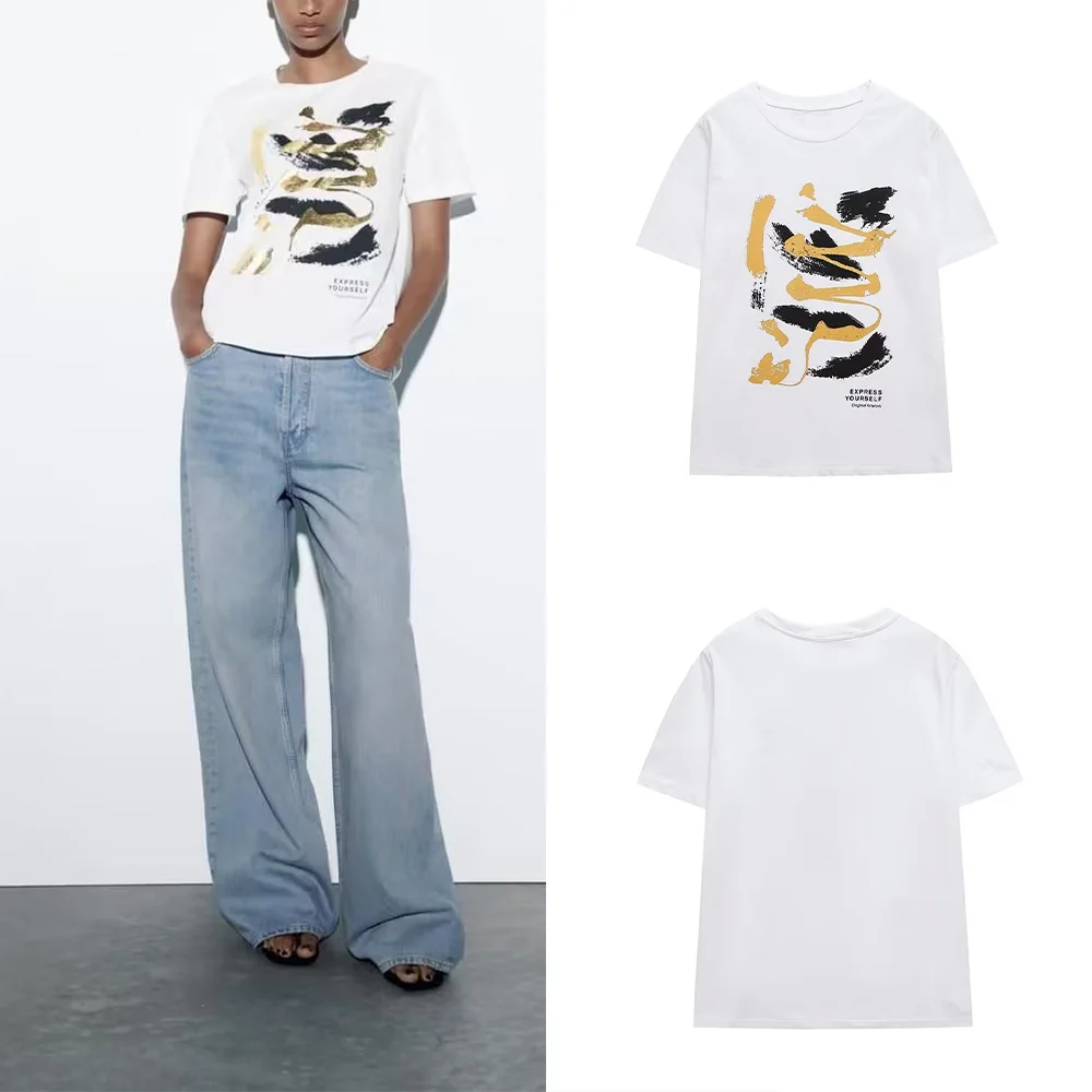 

PB&ZA spring/summer new women's fashion round neck chic shiny casual versatile printed t-shirt 0264120250