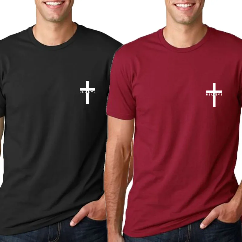 

2022 Men's I Believe in Christian Jesus Print Crew Neck T-Shirt Casual Short Sleeve Sports Essentials Solid Color Loose T-Shirt