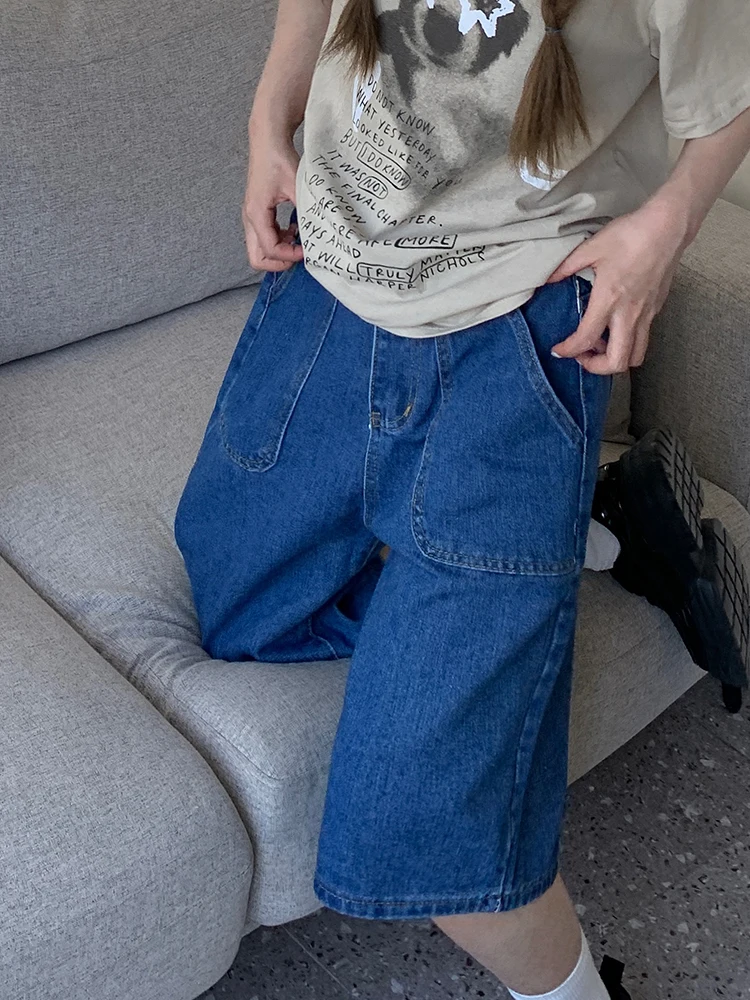 New Summer Women Straight Loose Blue Denim Shorts Streetwear Female High Waist Button Pocket Wide Leg Jeans Shorts