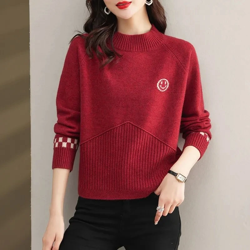 

Women Woolen Sweater Smiling Face Jacquard Knitted Pulloversautumn Winter Solid Simple Fashion Causal Knitwear Female Tops