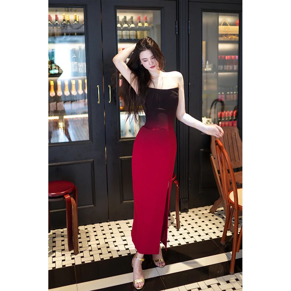 23 design niche dress red black gradient smocked dress long dress women