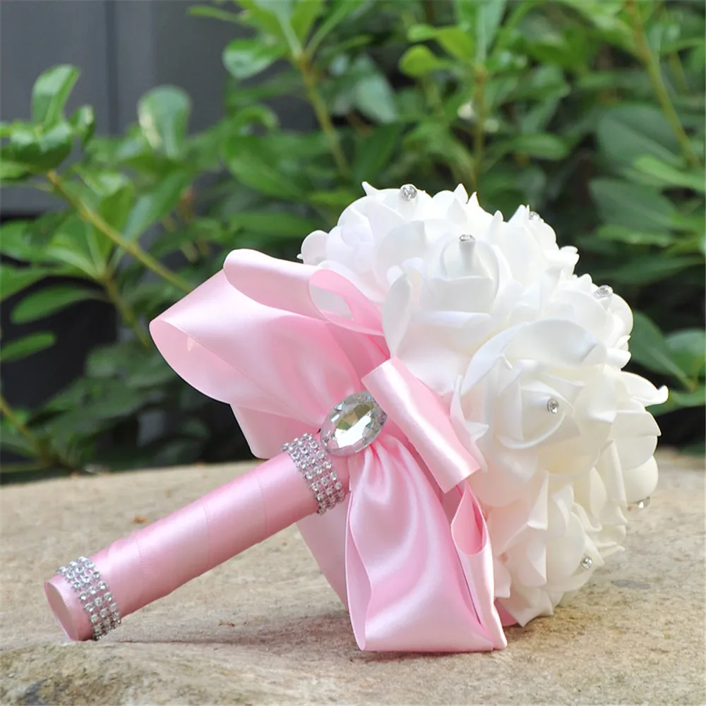 

Crystal Roses Pearl Bridesmaid Wedding Bouquet Bridal Artificial Silk Flowers Holding Flowers Valentines Day Wedding Decoration