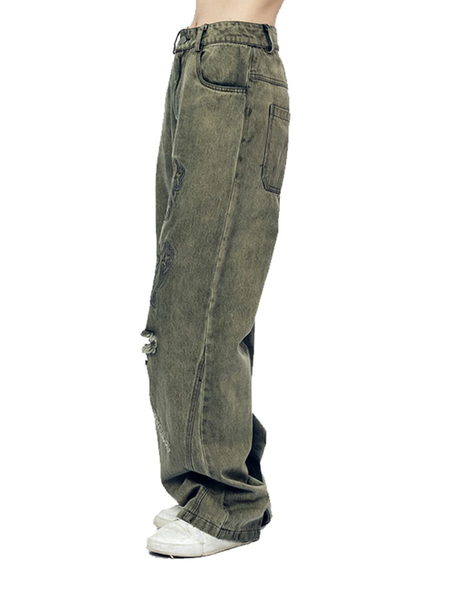 Four Seasons Men's Jeans Tie Dye Ripped Hip Hop Street Letters Embroidery Straight Wide Leg Pants Streetwear Ins Hot Sale JEANS