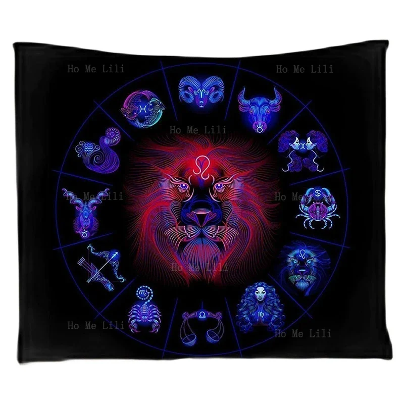 Звездный фэнтези Лев Луна Мистический Синий Лес с Цветами и Дикими Животными