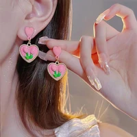 pink heart shaped flower drop earrings for women cute tulip earrings sweet girly french three dimensional earrings jewelry