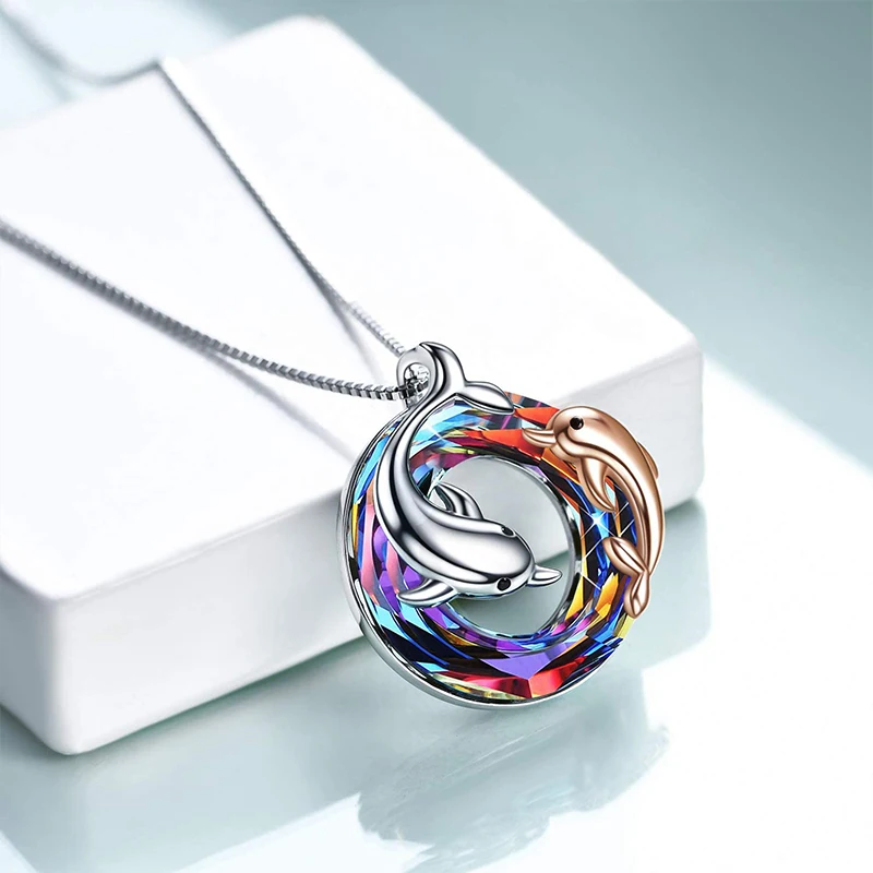 

Jewelry for Women Dolphin Necklaces Round Crystal Pendant Mother Daughter Ocean Animal Jewelry for Mom Girls Birthday Gifts