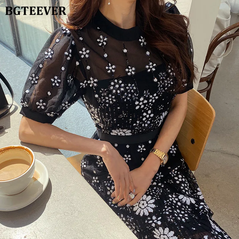 

BGTEEVER Elegant Embroidery Printed Ladies Layered Dress 2022 Spring Summer O-neck Puff Short Sleeve Slim Women A-line Dress