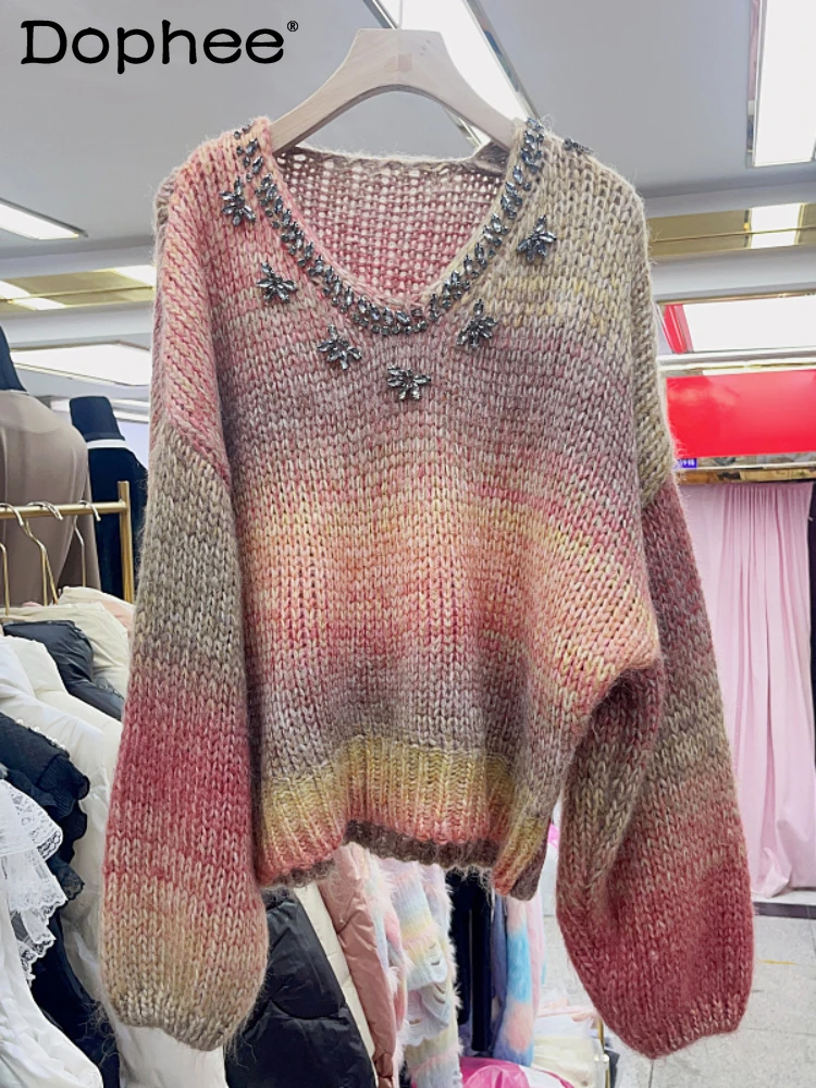 

Пуловер с бусинами для тяжелой промышленности, свитер для женщин, новинка осень-зима 2023, плотный свободный трикотажный топ с V-образным вырезом и длинным рукавом для женщин