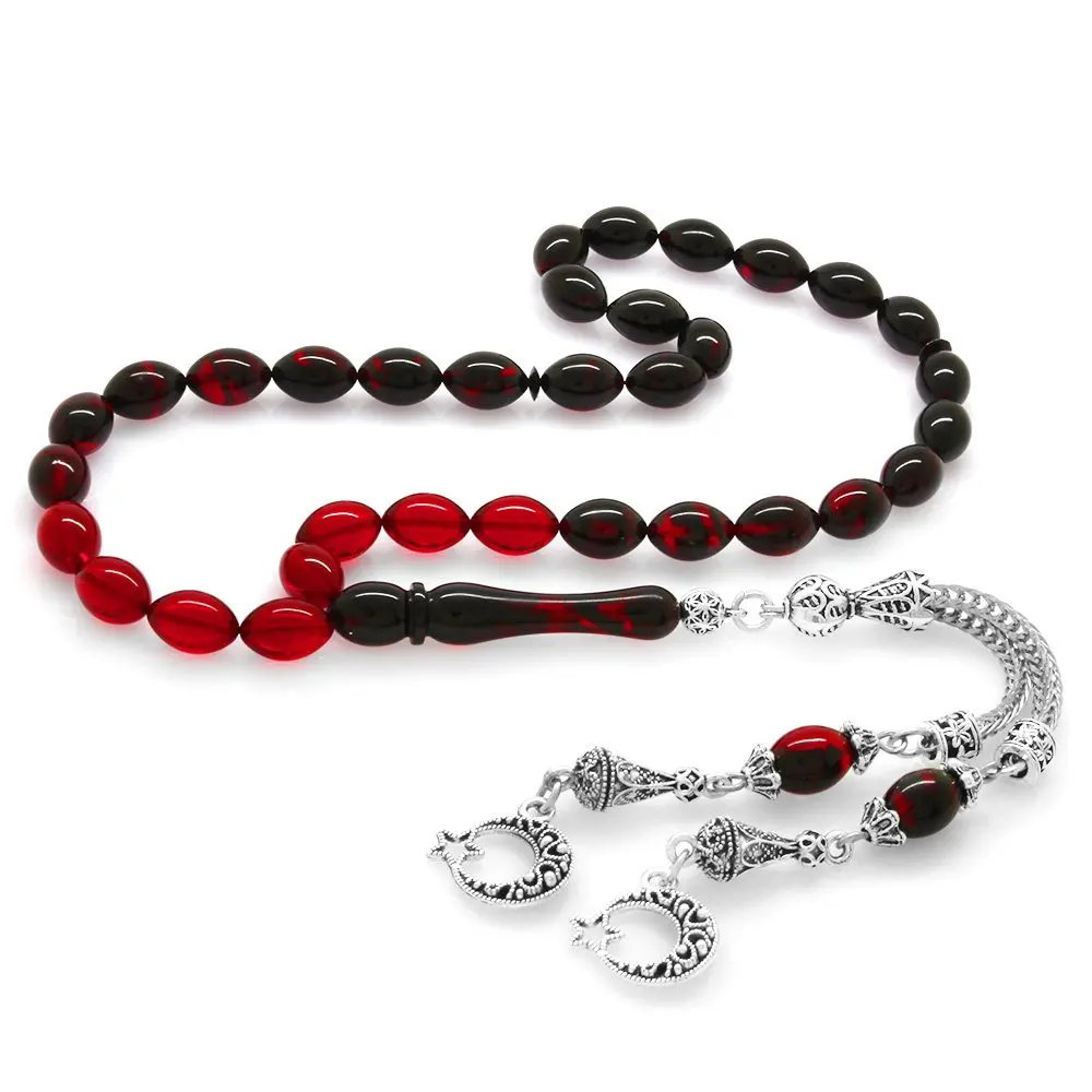 Nipora Tarnish Metal Crescent and Star Tasseled Barley Cut Strained Red Black Fire Amber Rosary