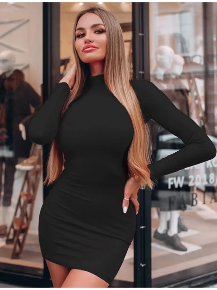 

Новинка 2022, пикантное однотонное облегающее мини-платье с высоким воротником, женское осеннее теплое облегающее платье с длинным рукавом