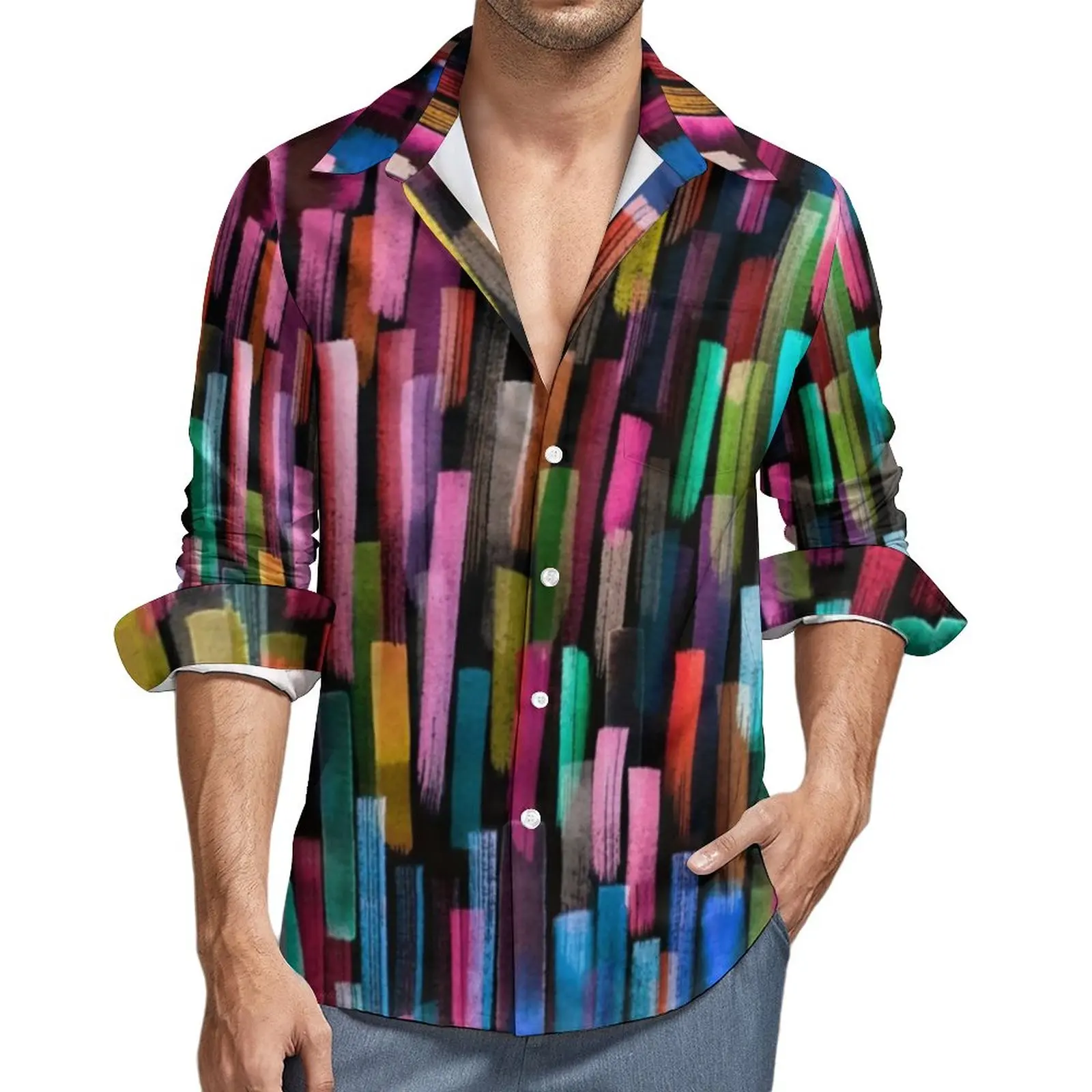 

Abstract Geometry Shirt Man Watercolor Stripes Print Casual Shirts Harajuku Pattern Blouses Long Sleeve Cool Oversized Tops Gift