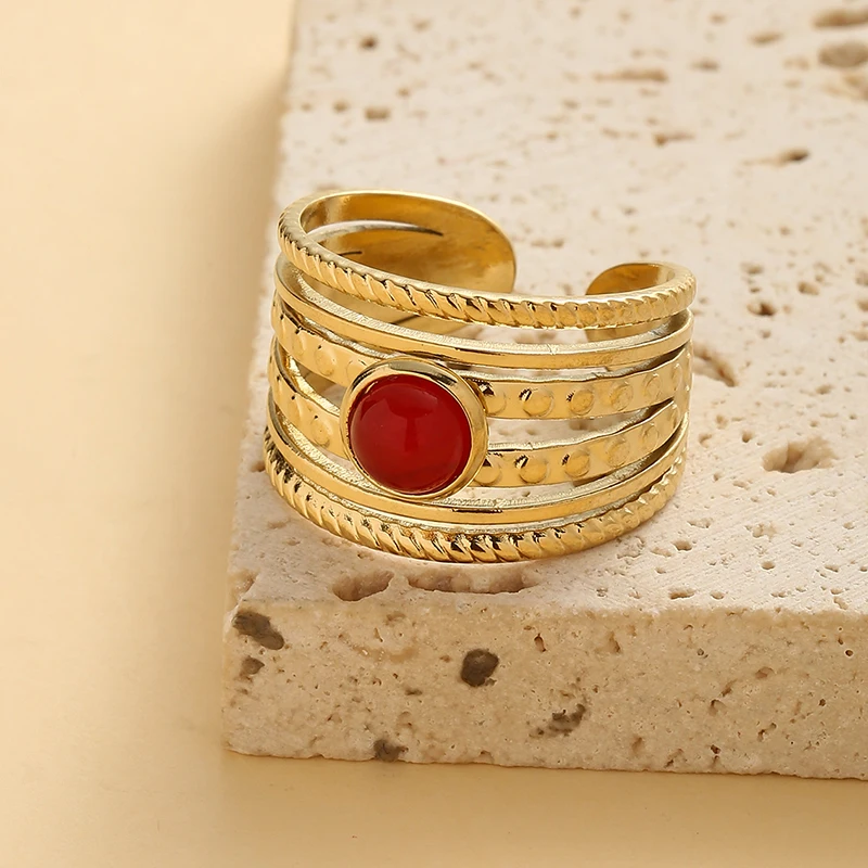 

Charm Stainless Steel Red Natural Stone Ring For Women Vintage Multilayer Adjustable Open Ring Golden Plated Party Jewelry Gift