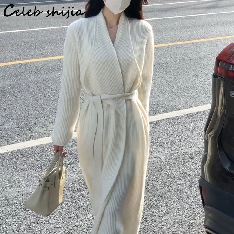 

Beige Long Cardigan Women Lace-up 2022 Autumn Turn-down Collar Chic Street Knitwear Ladies Korean Elegant Knitted Cardigan