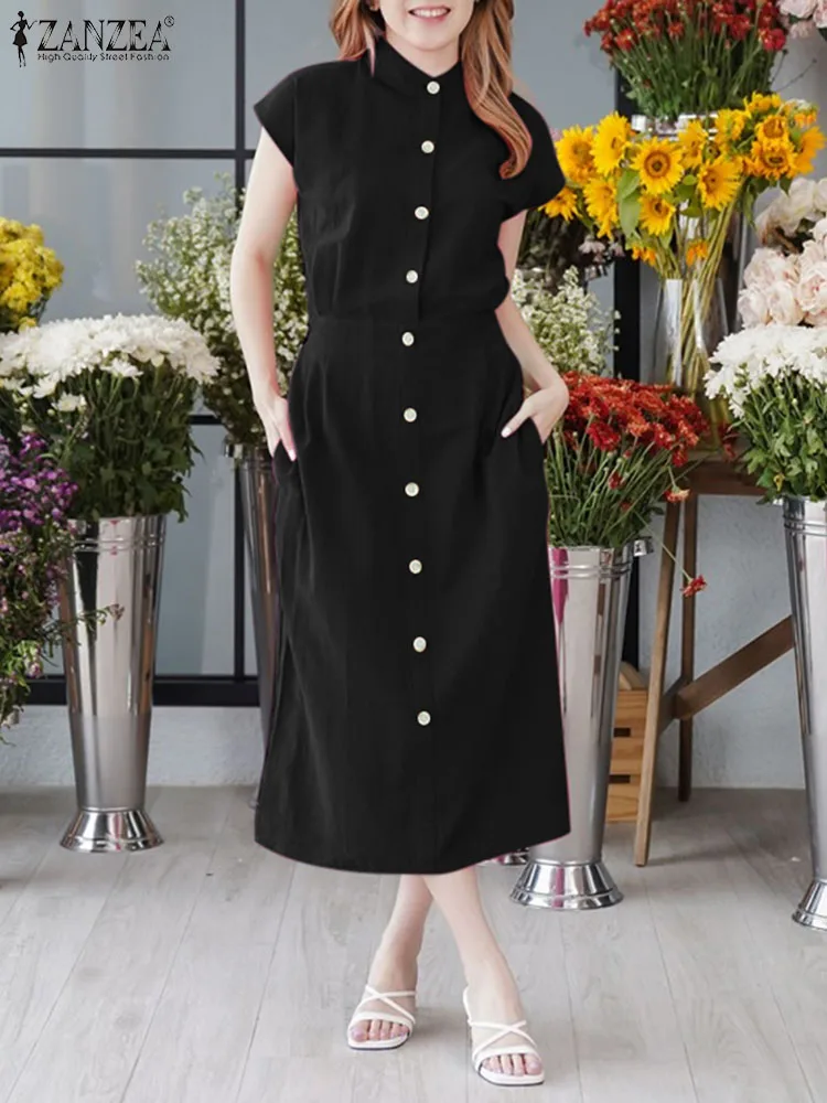 

Платье ZANZEA женское с коротким рукавом, модное однотонное повседневное простое прямое, с пуговицами и карманами, с круглым вырезом, халат с эластичной талией