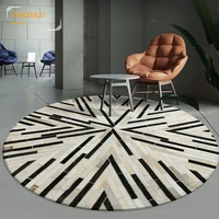 (CHAYULU) Luxury Cowhide Seamed Striped Rug , Round Shaped Real Cow Skin Patchwork Carpet for Living Room Bedroom Decoration Rug