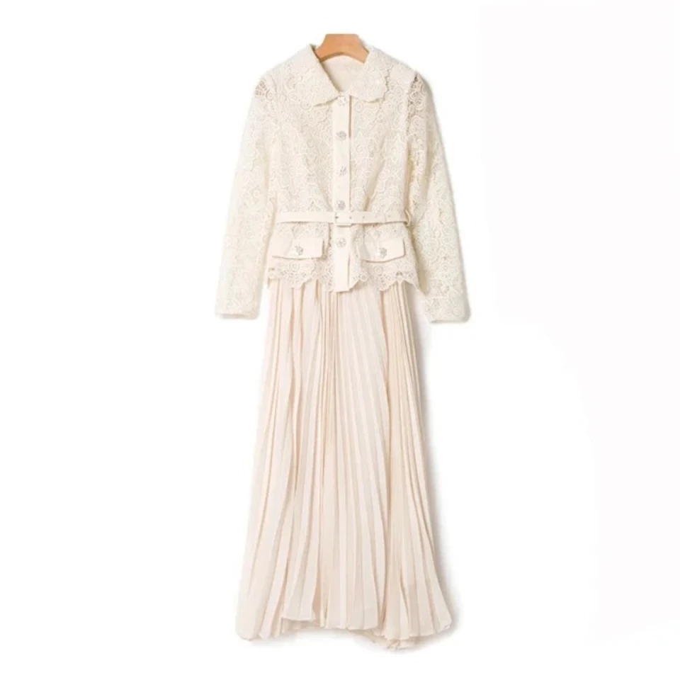 

Dresses For Women 2022 Elegant High Quality Luxury Designer Long sleeves Hollow Out Lace mesh patchwork solid Maxi Pleated dress