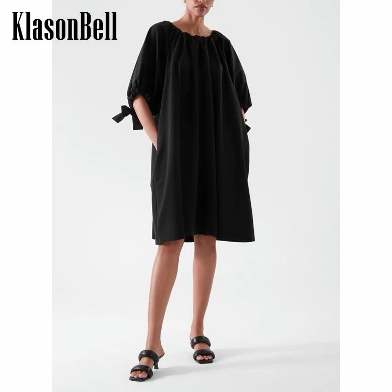 

7,19 KlasonBell регулируемое лоскутное вязаное черное платье на шнуровке с пышными рукавами и кулиской для женщин