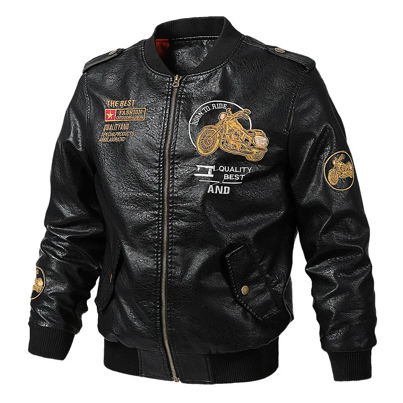 

New 2022 Autumn Winter Coat Flying PU Embroidery Slim Tough Guy Men's Youth Leather Biker Motorcycle Airman Brown Mens Jacket