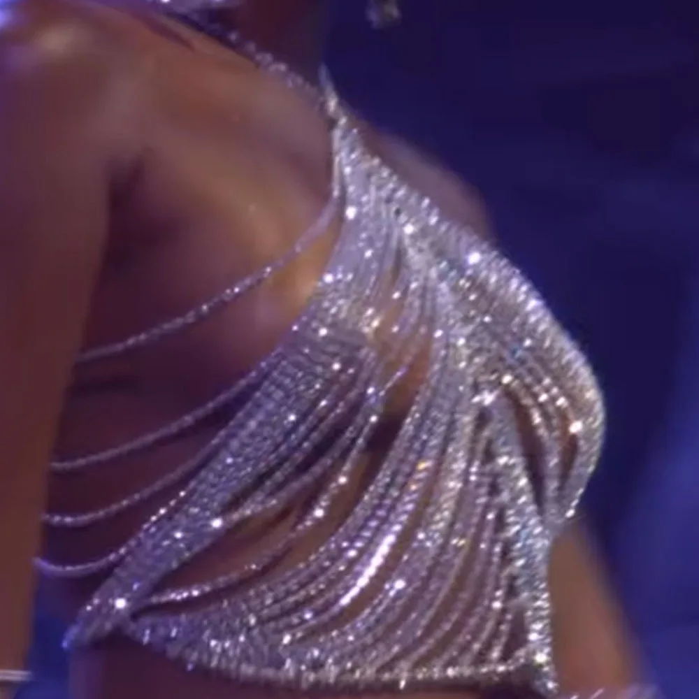 

Sexy See Through Halter Rhinestone Crop Top 2023 Summer Shiny Hollow Out Tassel Tank Top Party Rave Nightclubwear