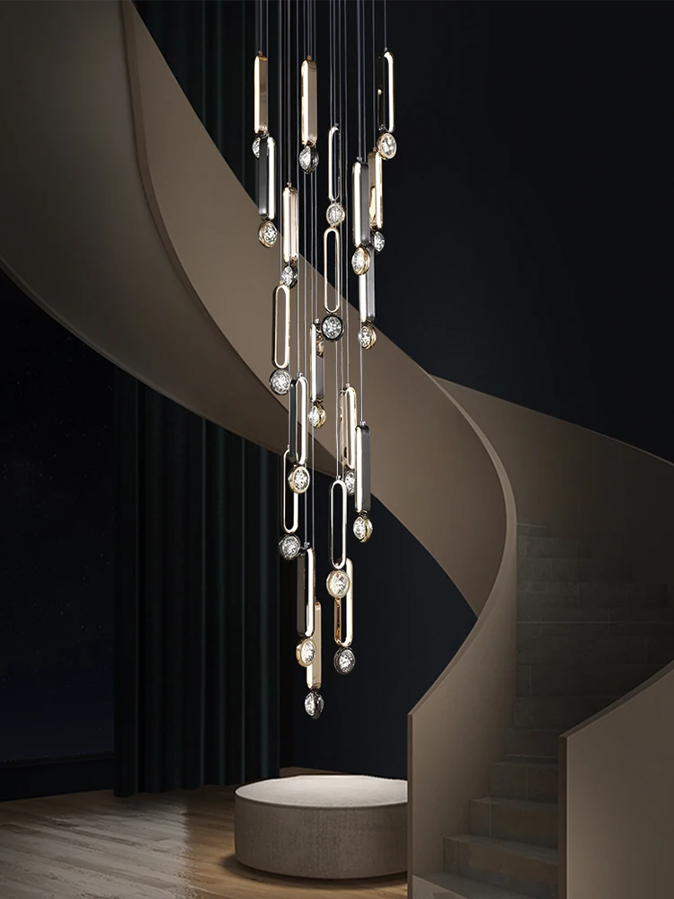 

New Staircase Long Chandelier Villa Duplex Building Modern Elevated Building Staircase Chandelier Light Luxury Crystal Luminaire