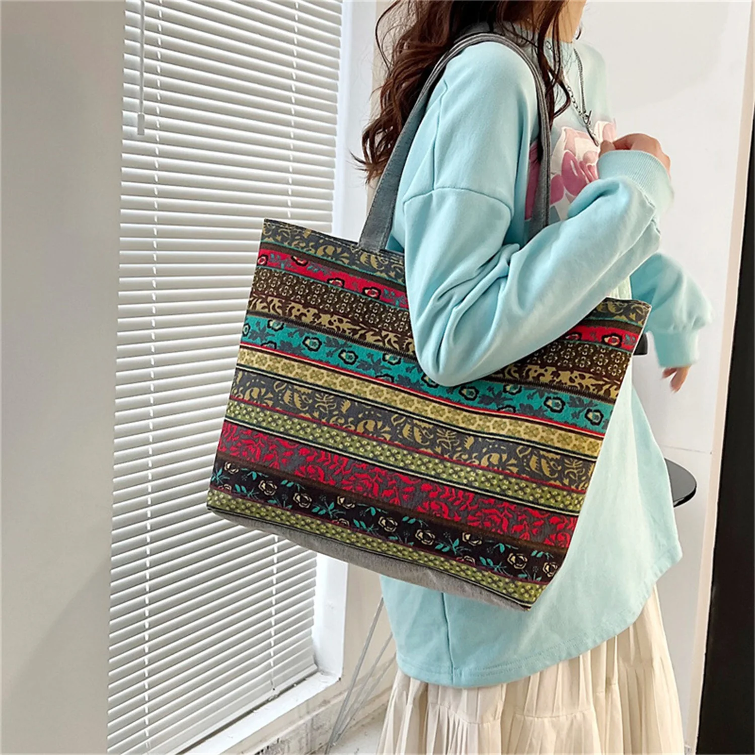 

Женская сумка на плечо, вместительные сумки-тоуты, большая сумка-шоппер, холщовые модные холщовые сумки в этническом стиле Харадзюку на молнии с принтом