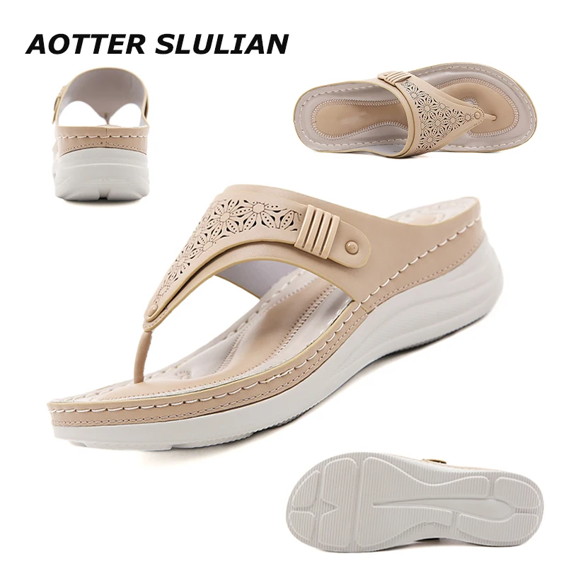

Flip-Flops For Women Female Summer Beach Sandalias Thick Bottom Shoes Wedge Footwear Mother's Luxury Home Indoor Pool Slippers