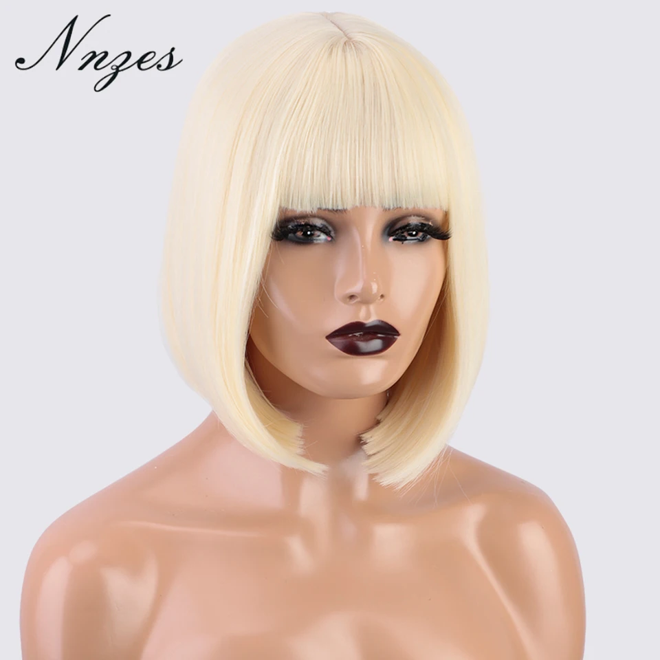 

NNZES 12inches Short Blonde Wig with Bangs Straight Synthetic Wigs for Women Black Red Pink Color Daily Use Wig