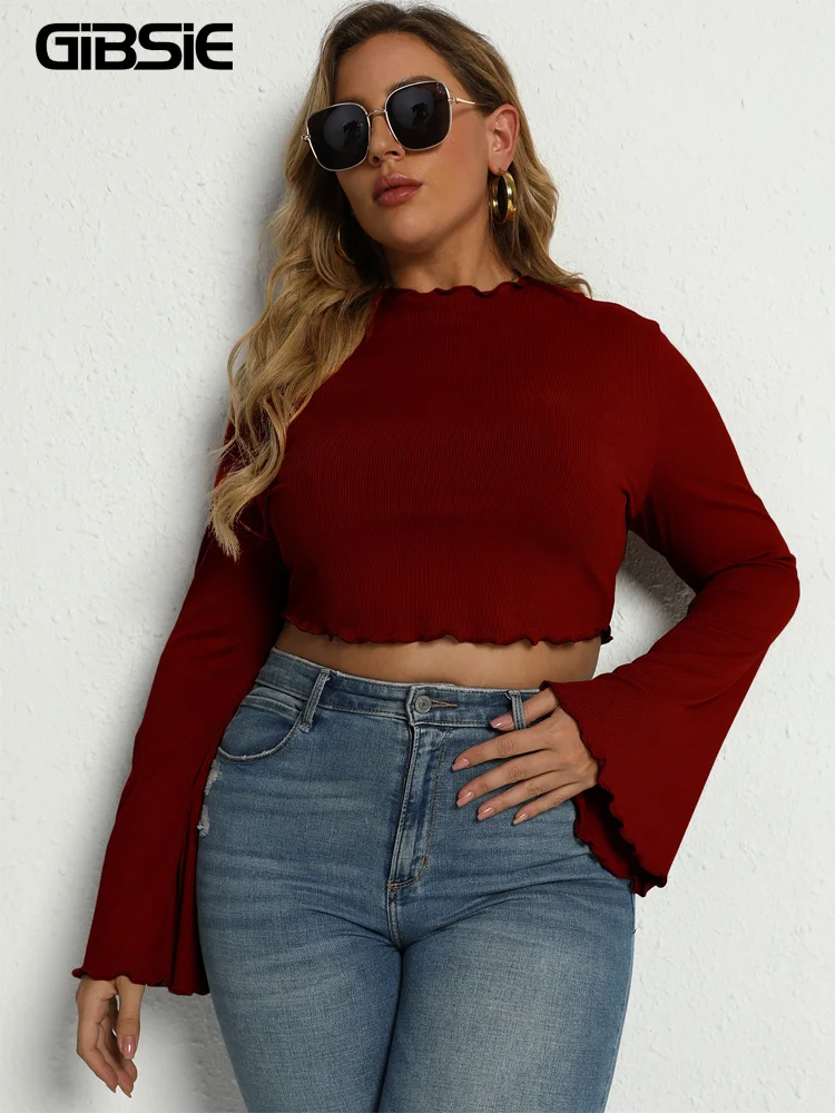 

GIBSIE Stand Collar Solid Lettuce Trim Crop Top Plus Size xxxl 4xl Women Spring y2k Casual Long Sleeve T-shirt Women Clothing
