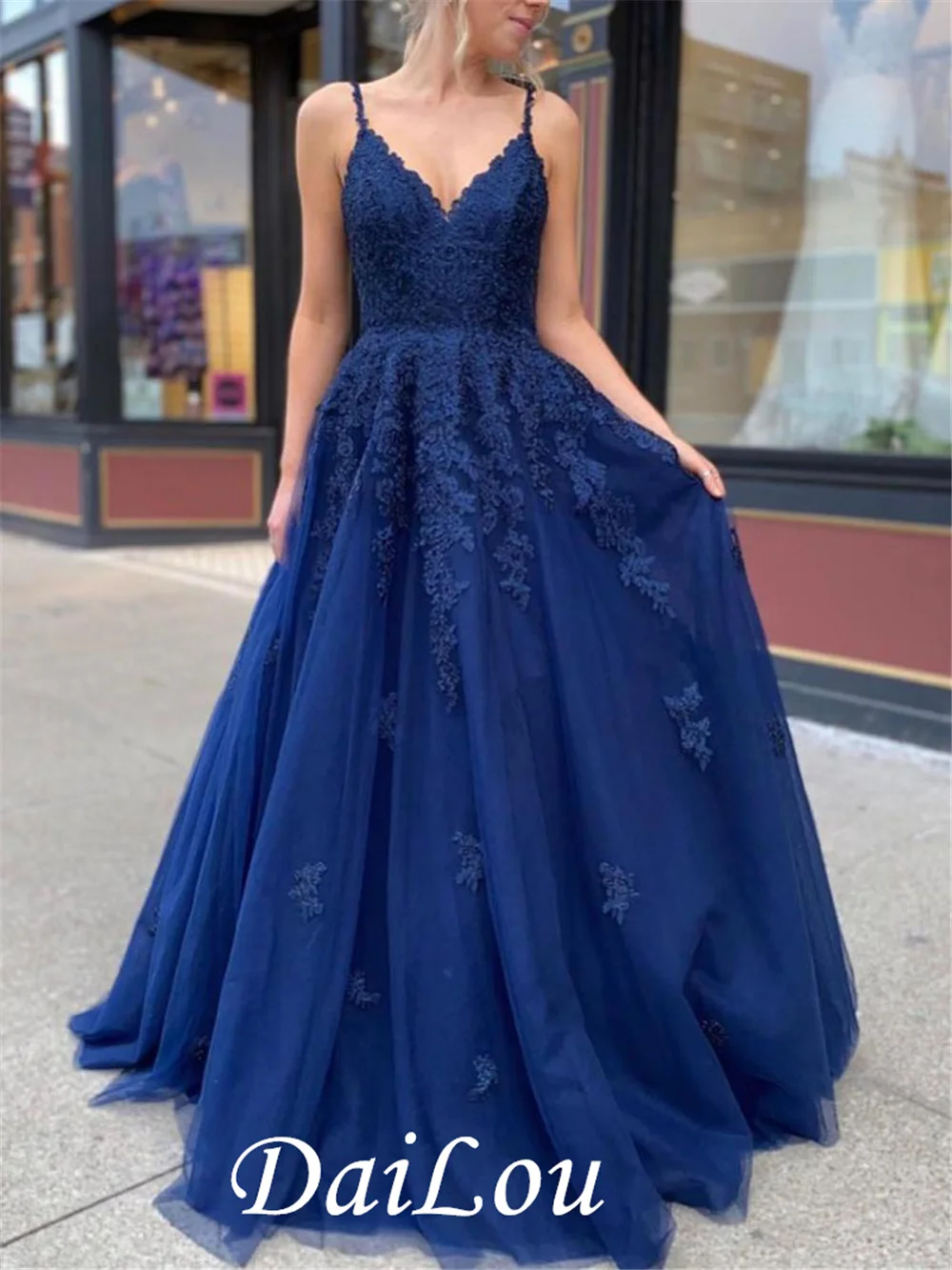 

Dark Navy V-neck Vestidos De Fiesta Noche Prom Party Evening Dresses Robe De Soiree Gown Frock Long Soft Tulle Lace-up 2022