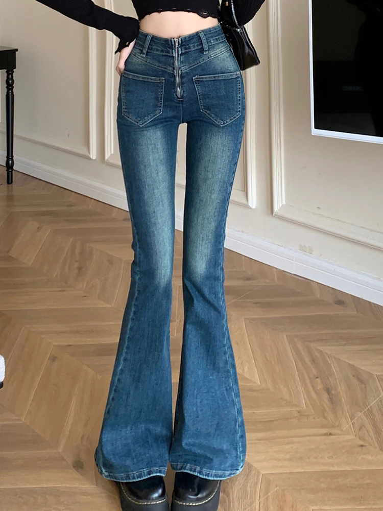 

Повседневные эластичные джинсы с высокой талией, Облегающие расклешенные брюки, осень 2023, Новая модная женская одежда