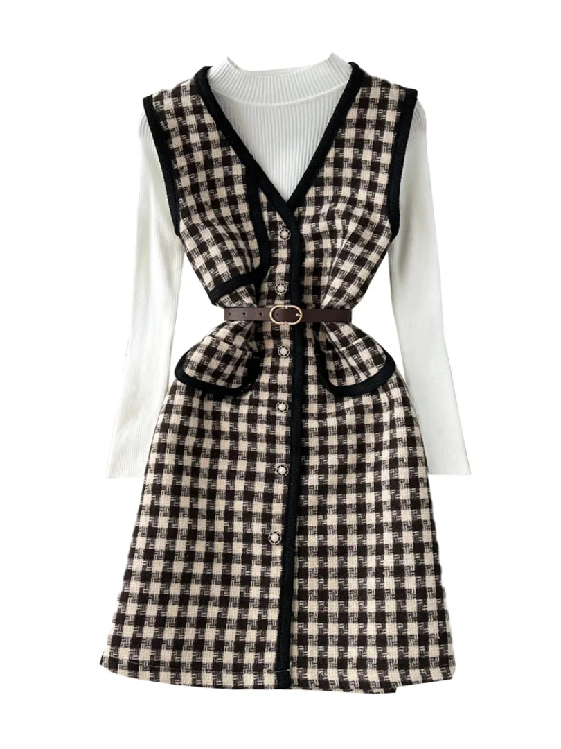 

Женский элегантный комплект из 2 предметов Foamlina, Осенний Модный пуловер, свитер и однобортное клетчатое короткое твидовое платье, костюмы ...