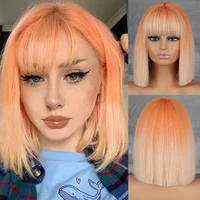 werd short orange straight bob wig synthetic wigs for women with bangs daily cosplay hair heat resistant