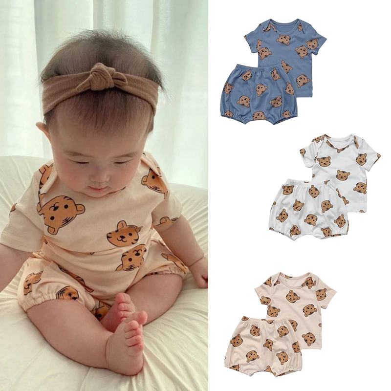 

Summer Children Clothing Set Baby Boys Girls Cartoon Tiger Printed Short Sleeve Tops Soft Shorts Infant Toddler Sports Outfit