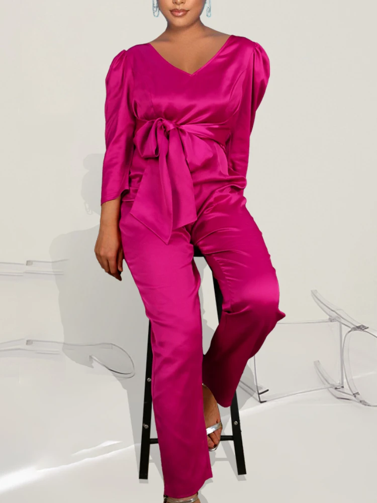 

Женский атласный комбинезон с поясом, длинный винтажный элегантный красный комбинезон с рукавами-фонариками, весна-осень