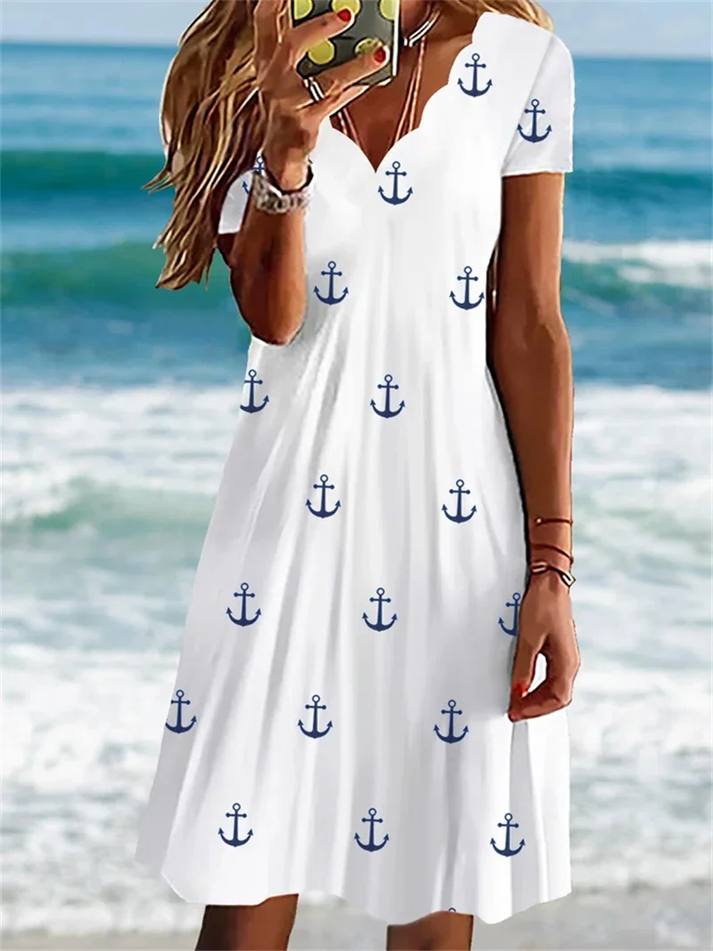 

Womens Dresses 3d Creative Anchor Pattern Short Sleeve Clothing Fashion Loose Vestido Summer Lady Oversized Vacation Beach Dress