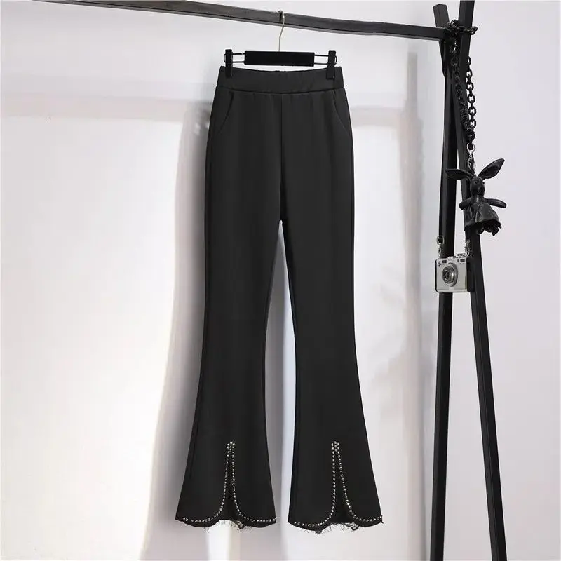 

Брюки женские кружевные в стиле пэчворк, элегантные модные облегающие универсальные офисные брюки-клеш с завышенной талией, со стразами, в Корейском стиле, J109, на лето