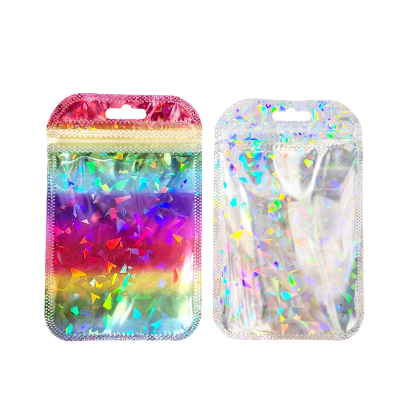 Rainbow Hologram Small Plastic Bags Reclosable Zipper Foil Mylar Storage Bag With Hangbag/Retail Jewelry Candy Business Package