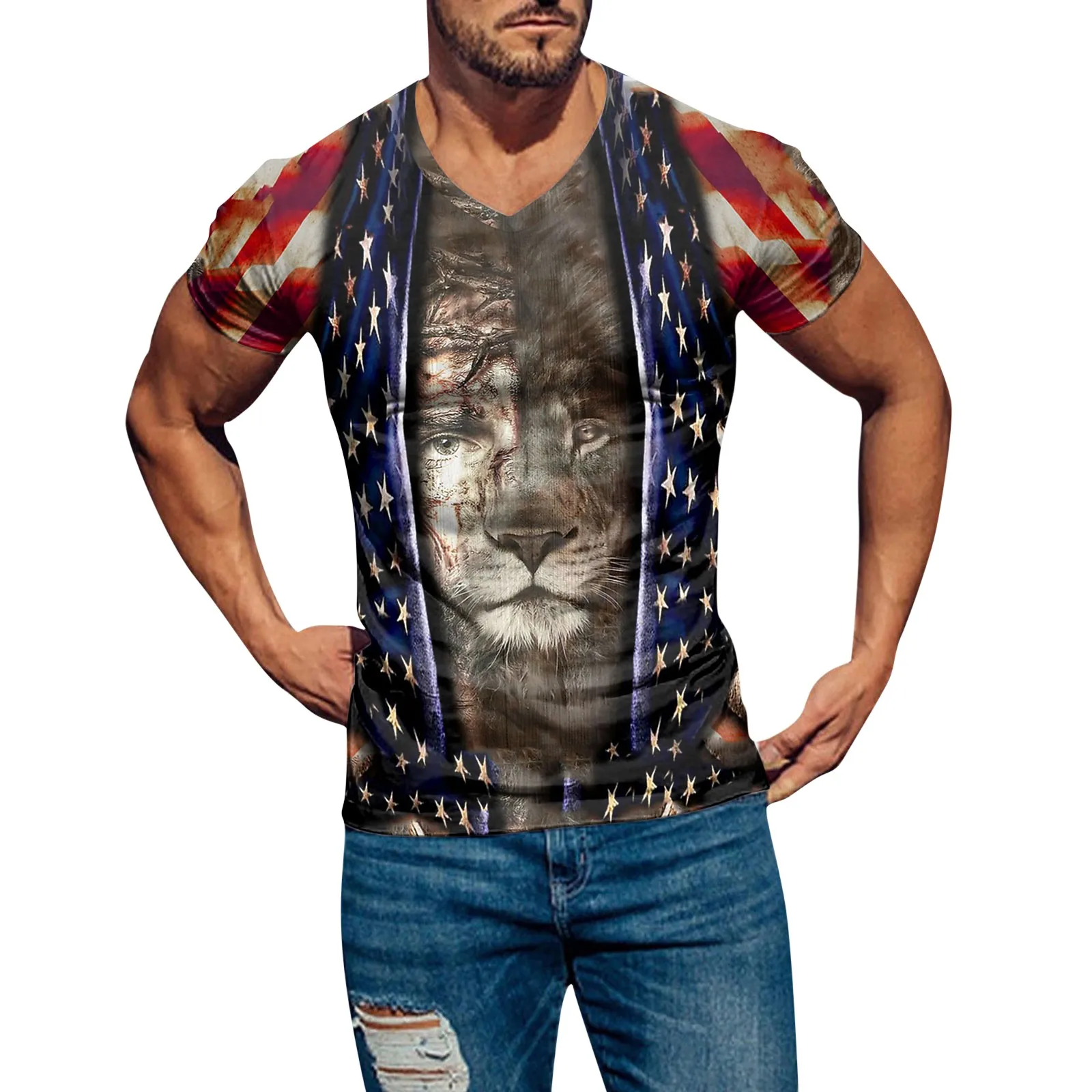 

Футболка мужская с коротким рукавом, V-образным вырезом и принтом животных