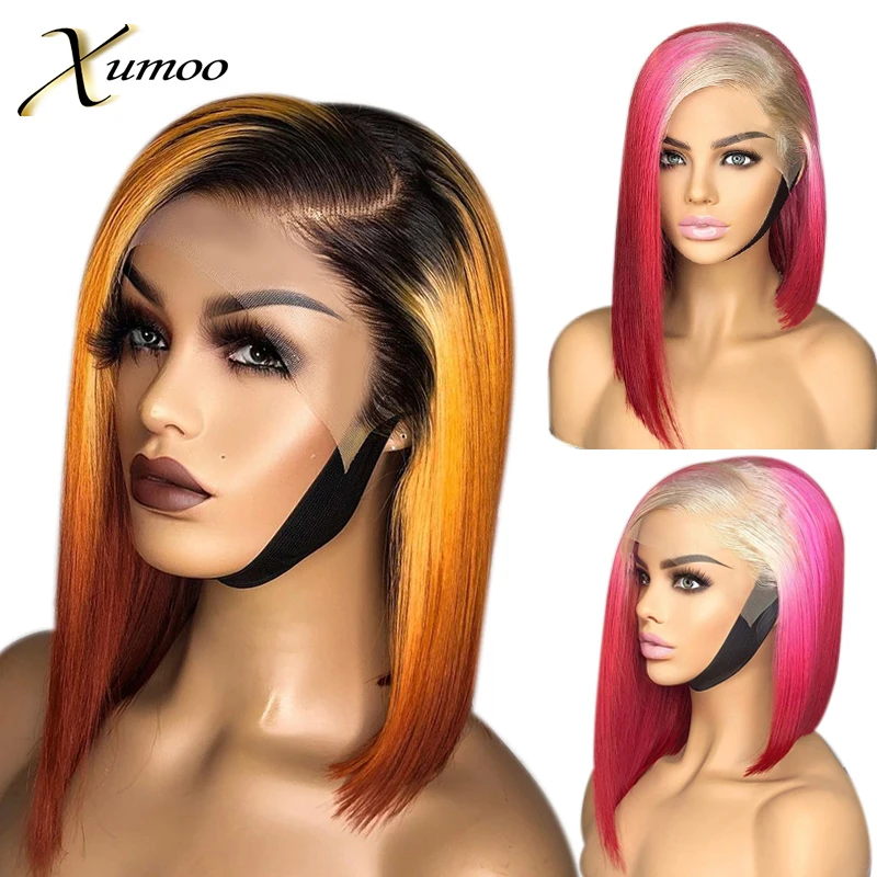 Pink Ginger Ombre Color Short Bob Cut Straight Transparent 4X4 Lace Closure Human Hair Wigs For Women Prepluck With Baby Hair