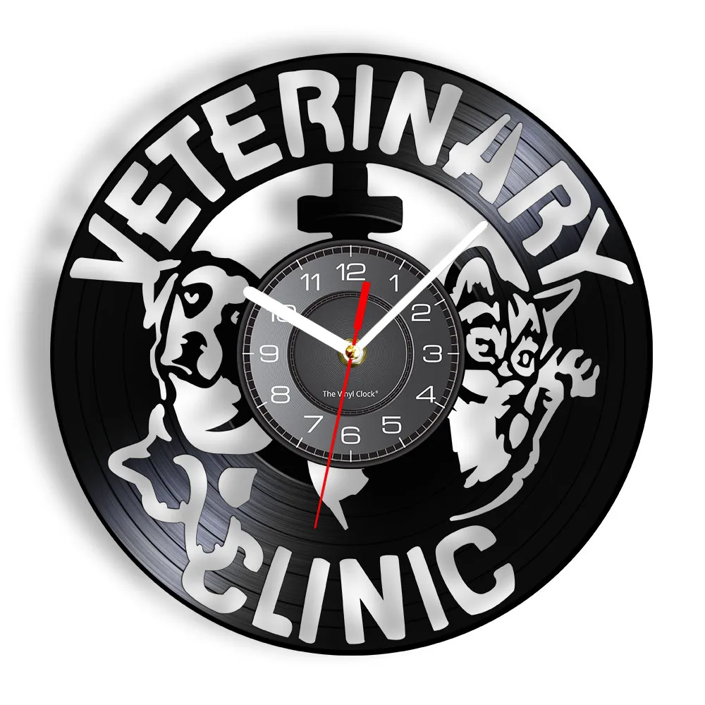 Veterinary Clinic Animals Care Vinyl Record Wall Clock Pet Health Clinic Clock Watch Pet Store Wall Sign Dog Cat Care Wall Decor