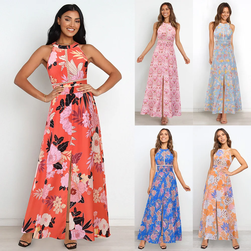 

Summer New plus size hollow out split sexy printing Spaghetti Strap Ankle-Length Office Lady dresses for women elegant dresses