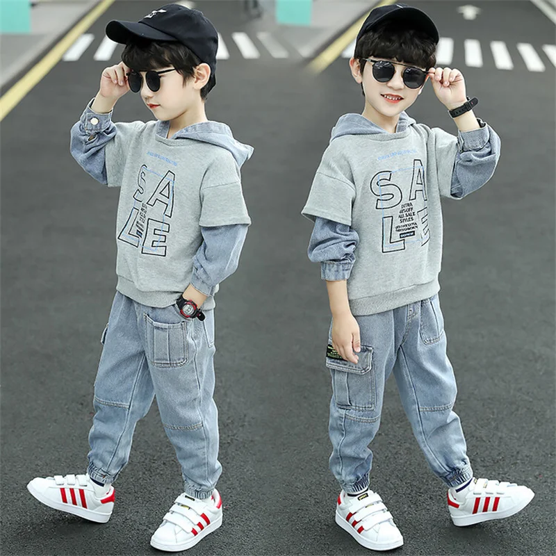 Boys Suit Sweatshirts +Pants Cotton 2Pcs/Sets 2022 Grey Spring Autumn Thicken Kid Sportswear Teenagers Jogging Suit Children Clo