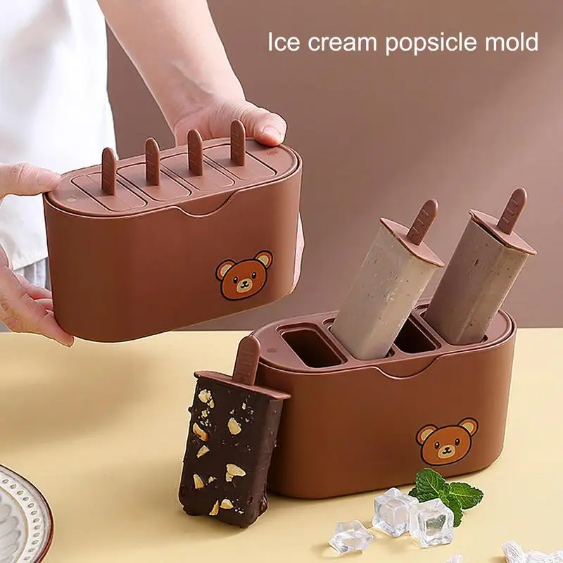 Ice Cream Bar Mold Silicone Ice Pop Maker Oval Popsicle Creator With Lid 4 Cavity Ice Mold Ice Cream Sucker Kitchen Accessories