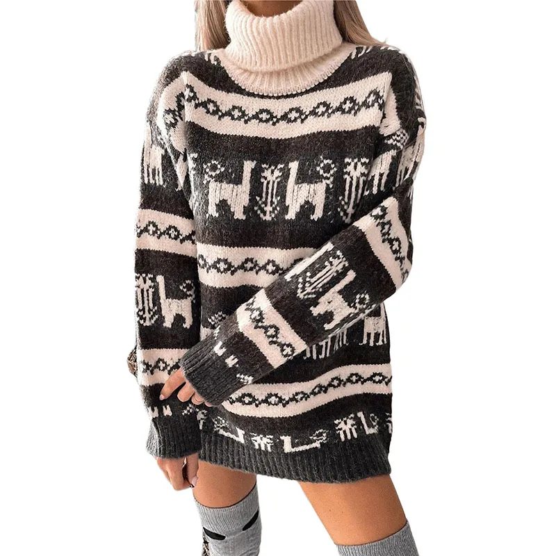 

Women's Christmas Sweater Winter Knitwear Dress Cartoon Elk Elements Long Sleeve High Neck Loose Pullovers Streetwear Autumn