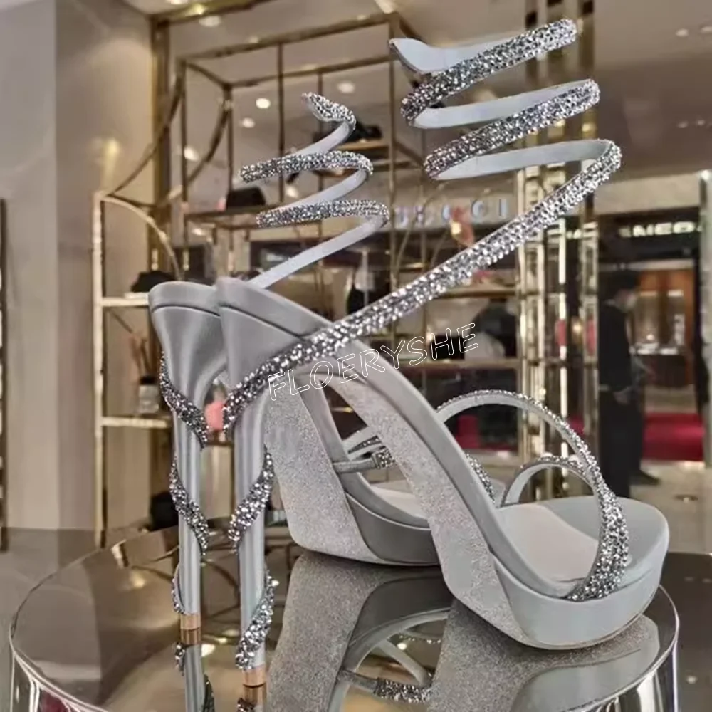 Сандалии женские на платформе серебристые босоножки с блестками круглым носком