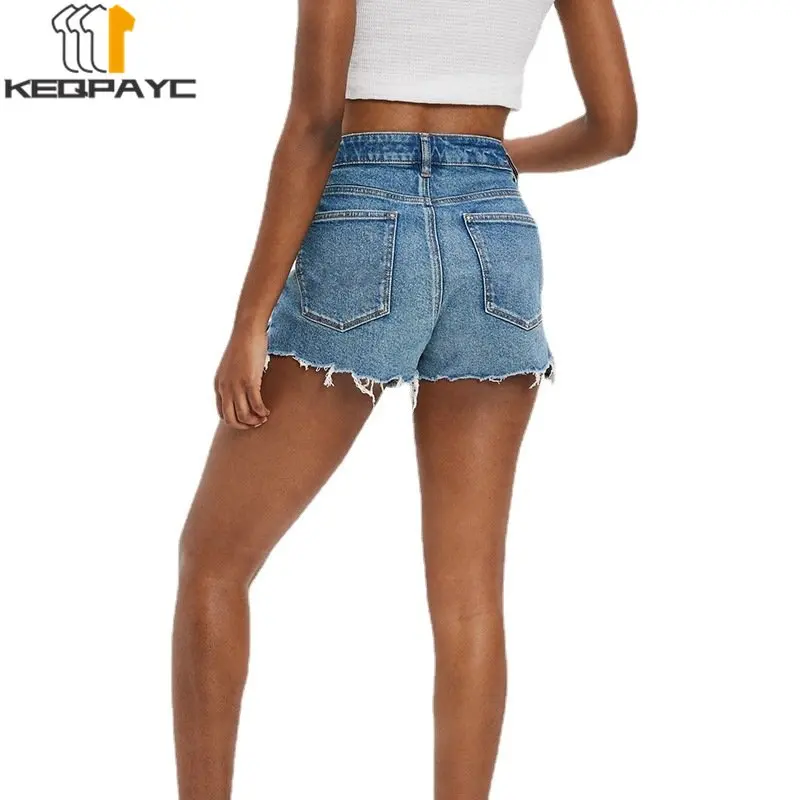Women's High Waist Frayed Denim Shorts New 2023 Women Summer Fashion Ripped Pockets Shorts Jeans Ladies Casual Streetwear