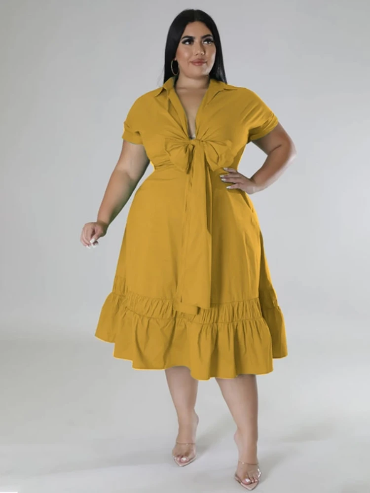 Plus Size Summer Dress Women 4xl 5xl 2023 Elegant Bow Pleated Midi Office Ladies Dresses Robe Grande Taille Female Vestidos 2023